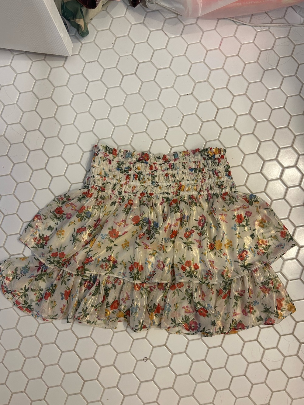 Current Air Metallic Floral Print Tier Ruffle Skirt Smocked Waist size Medium